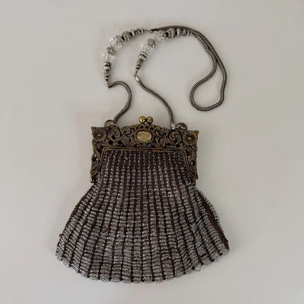 Vintage 1920's Art Deco Beaded Evening Bag Silver Gold Metal Ornate Frame Mirror